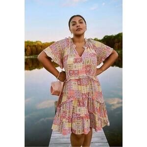 Anthropologie Robin Tiered Ruffle V-Neck Mini Dress Colorful Patchwork Print